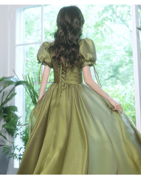 Princess Bridesmaid Temperament Puff Sleeve Prom Avocado Green Tulle Long Dress