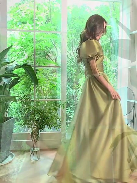 Princess Bridesmaid Temperament Puff Sleeve Prom Avocado Green Tulle Long Dress