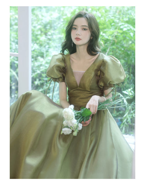 Princess Bridesmaid Temperament Puff Sleeve Prom Avocado Green Tulle Long Dress
