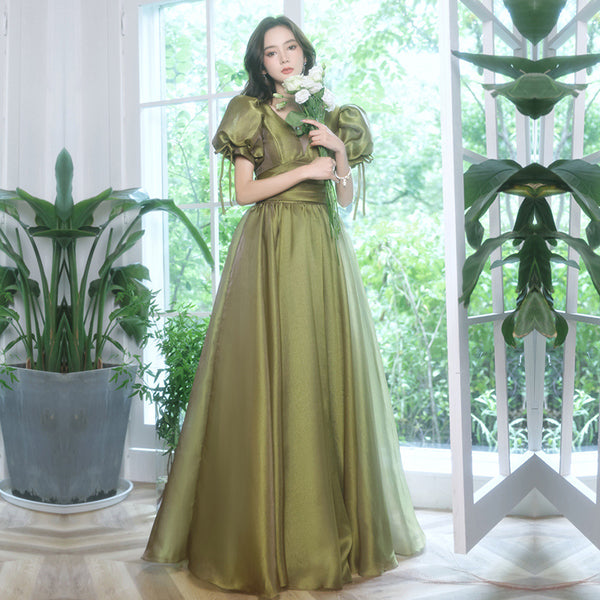 Princess Bridesmaid Temperament Puff Sleeve Prom Avocado Green Tulle Long Dress