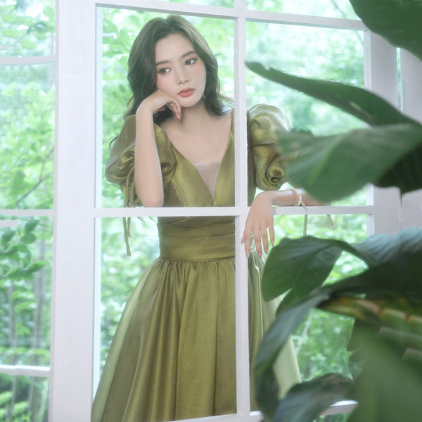 Princess Bridesmaid Temperament Puff Sleeve Prom Avocado Green Tulle Long Dress