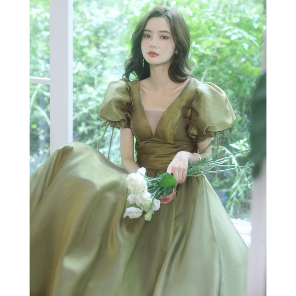 Princess Bridesmaid Temperament Puff Sleeve Prom Avocado Green Tulle Long Dress