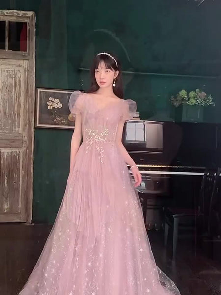 Puff Sleeve Evening Temperament Elegant Pink Fairy Party Banquet Dress