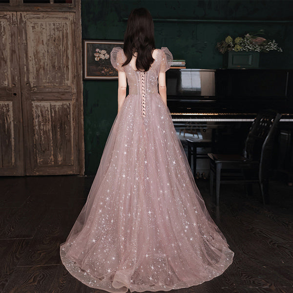 Puff Sleeve Evening Temperament Elegant Pink Fairy Party Banquet Dress