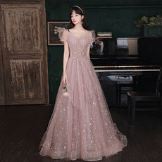 Puff Sleeve Evening Temperament Elegant Pink Fairy Party Banquet Dress
