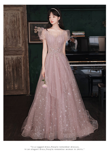 Puff Sleeve Evening Temperament Elegant Pink Fairy Party Banquet Dress
