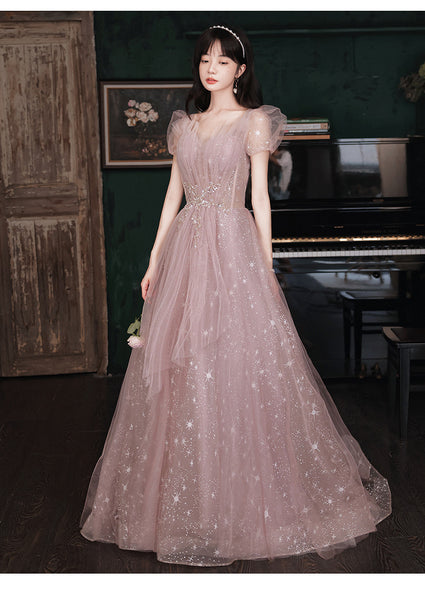 Puff Sleeve Evening Temperament Elegant Pink Fairy Party Banquet Dress