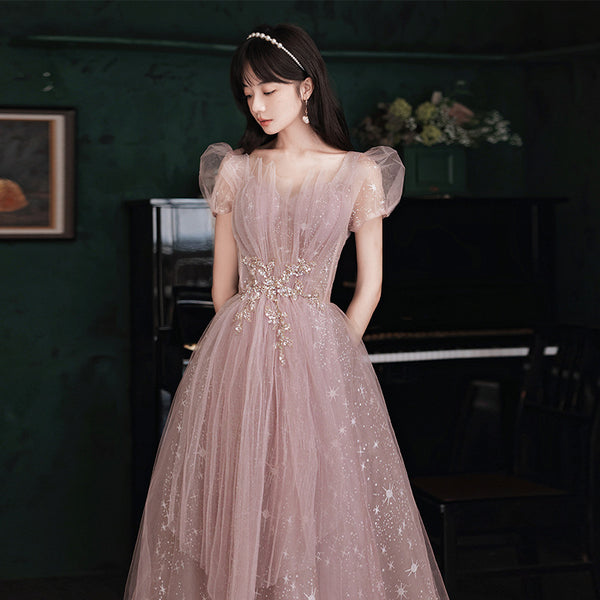 Puff Sleeve Evening Temperament Elegant Pink Fairy Party Banquet Dress