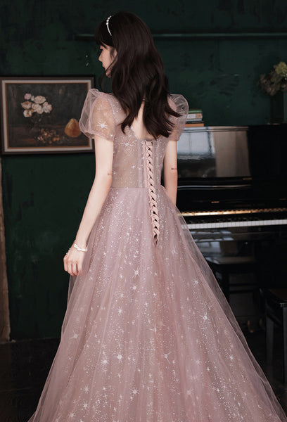 Puff Sleeve Evening Temperament Elegant Pink Fairy Party Banquet Dress