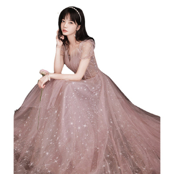 Puff Sleeve Evening Temperament Elegant Pink Fairy Party Banquet Dress