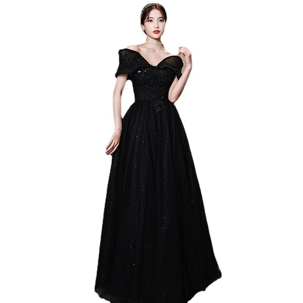 Temperament Elegant Sexy Floor Length V Neck Off Shoulder Evening Dress