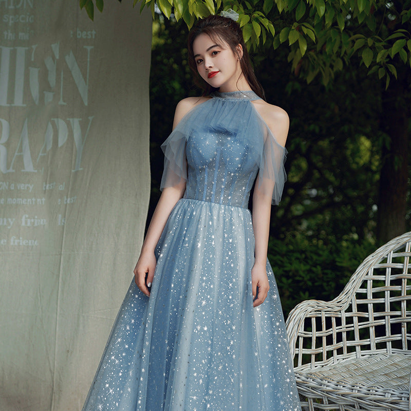 Temperament Fairy Elegant Women High Neck Halter Princess Embroidery A line Dresses