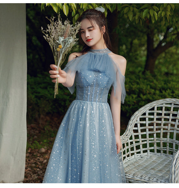 Temperament Fairy Elegant Women High Neck Halter Princess Embroidery A line Dresses