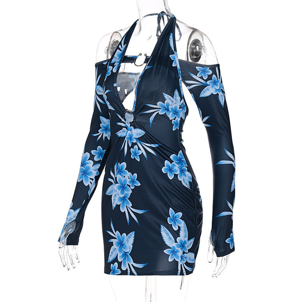 Summer Sexy Women Lace Up Halter Neck Deep V Long Sleeved Floral Printed Dress