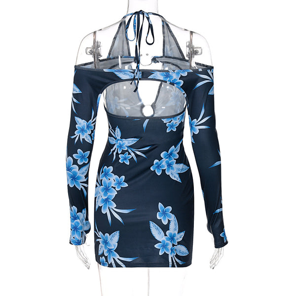 Summer Sexy Women Lace Up Halter Neck Deep V Long Sleeved Floral Printed Dress