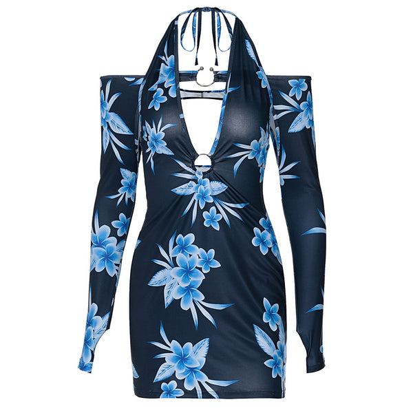 Summer Sexy Women Lace Up Halter Neck Deep V Long Sleeved Floral Printed Dress