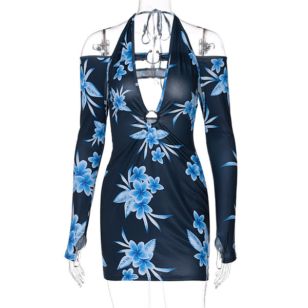 Summer Sexy Women Lace Up Halter Neck Deep V Long Sleeved Floral Printed Dress