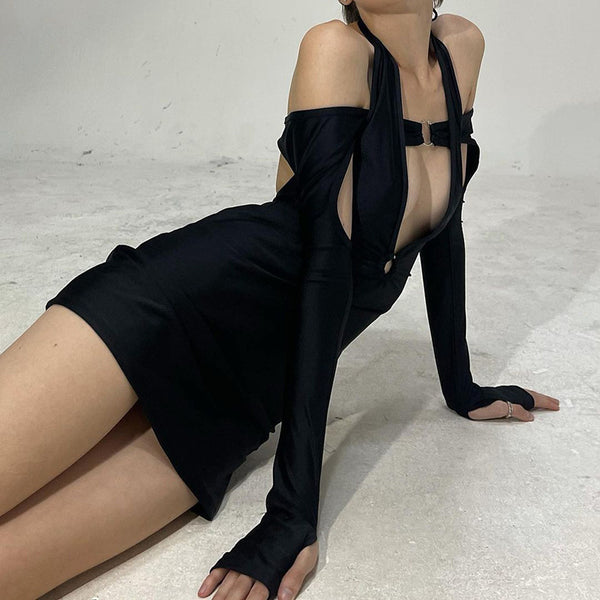 Summer Sexy Women Lace Up Halter Neck Deep V Long Sleeved Floral Printed Dress