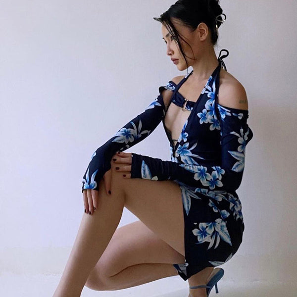 Summer Sexy Women Lace Up Halter Neck Deep V Long Sleeved Floral Printed Dress