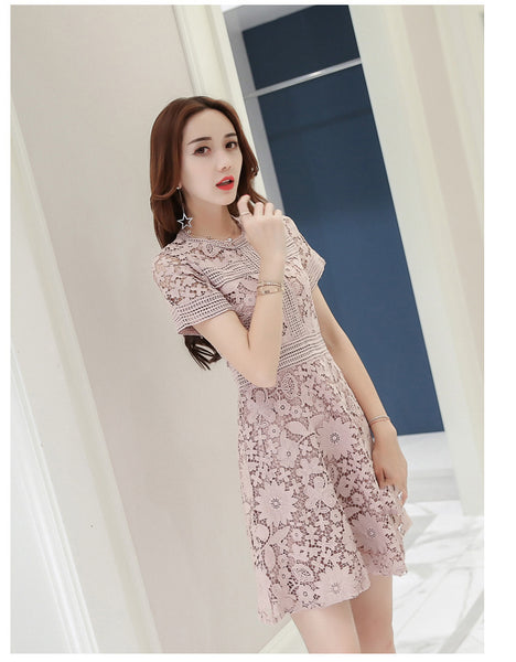 Office Lady Fashion Short Sleeved Lace Dress Mid Length Floral Pattern Skirt
