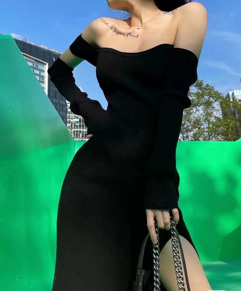 Spring Women Knitting Removable Sleeves Off Shoulder Wrap Bust Hips Bodycon Dress