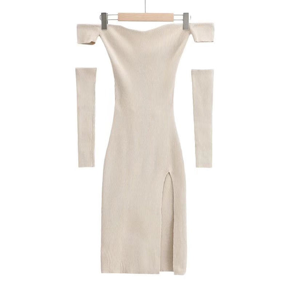 Spring Women Knitting Removable Sleeves Off Shoulder Wrap Bust Hips Bodycon Dress
