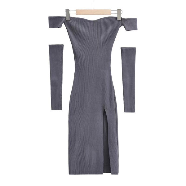 Spring Women Knitting Removable Sleeves Off Shoulder Wrap Bust Hips Bodycon Dress
