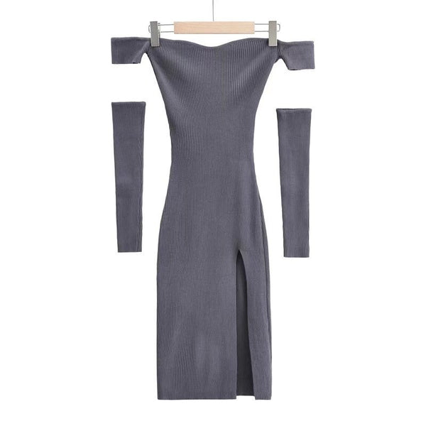 Spring Women Knitting Removable Sleeves Off Shoulder Wrap Bust Hips Bodycon Dress