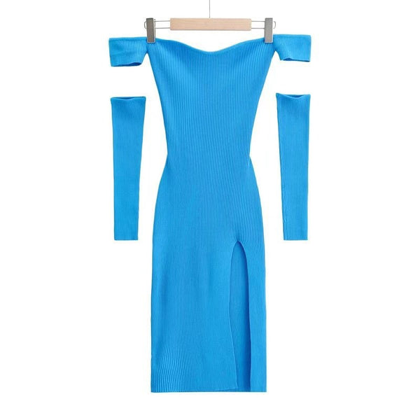 Spring Women Knitting Removable Sleeves Off Shoulder Wrap Bust Hips Bodycon Dress