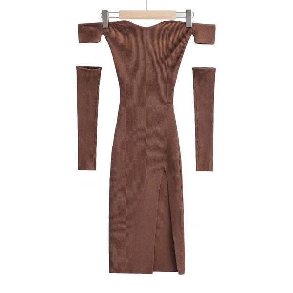 Spring Women Knitting Removable Sleeves Off Shoulder Wrap Bust Hips Bodycon Dress