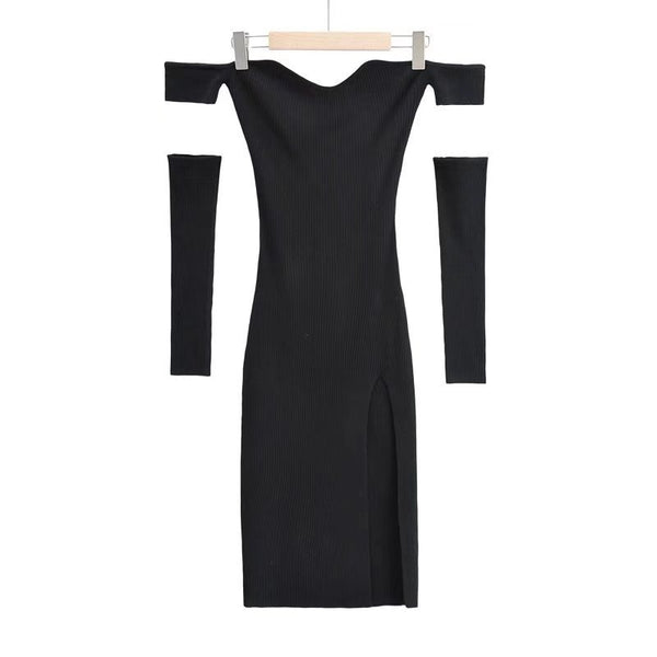 Spring Women Knitting Removable Sleeves Off Shoulder Wrap Bust Hips Bodycon Dress