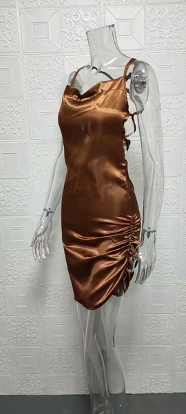 Fashion Sexy Backless Draped Split Thigh High elastic Satin Bodycon Dress