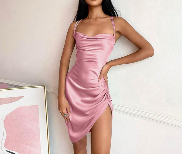 Fashion Sexy Backless Draped Split Thigh High elastic Satin Bodycon Dress