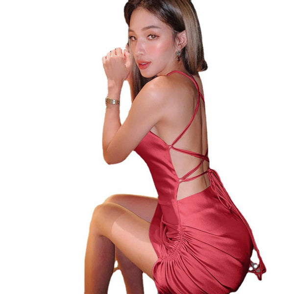 Fashion Sexy Backless Draped Split Thigh High elastic Satin Bodycon Dress