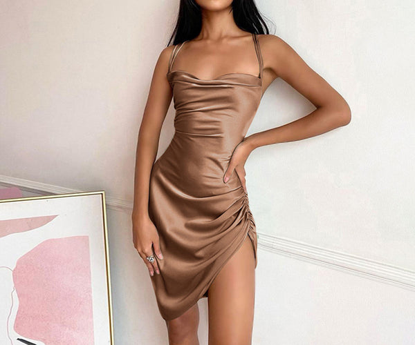 Fashion Sexy Backless Draped Split Thigh High elastic Satin Bodycon Dress