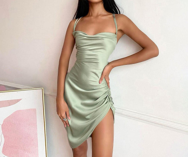 Fashion Sexy Backless Draped Split Thigh High elastic Satin Bodycon Dress