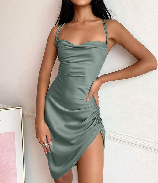 Fashion Sexy Backless Draped Split Thigh High elastic Satin Bodycon Dress