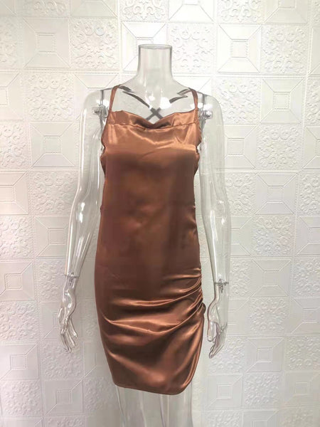 Fashion Sexy Backless Draped Split Thigh High elastic Satin Bodycon Dress