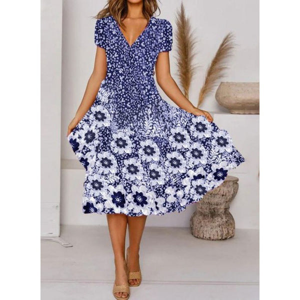 Holiday Flower Floral Tunic Printed V Neck Short Sleeves Big Swing Dress