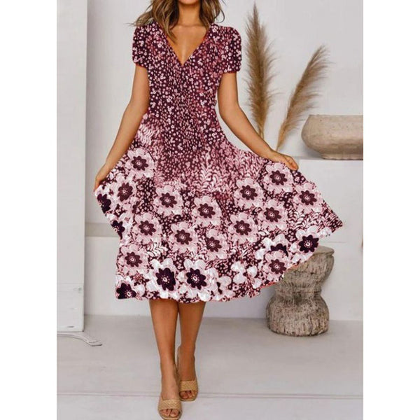 Holiday Flower Floral Tunic Printed V Neck Short Sleeves Big Swing Dress