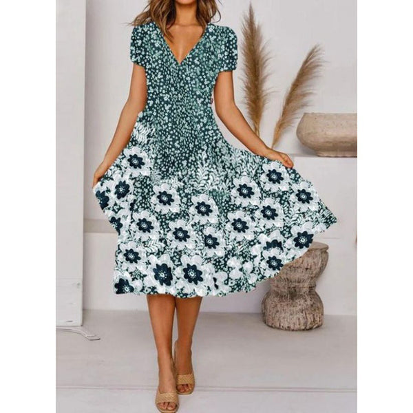 Holiday Flower Floral Tunic Printed V Neck Short Sleeves Big Swing Dress