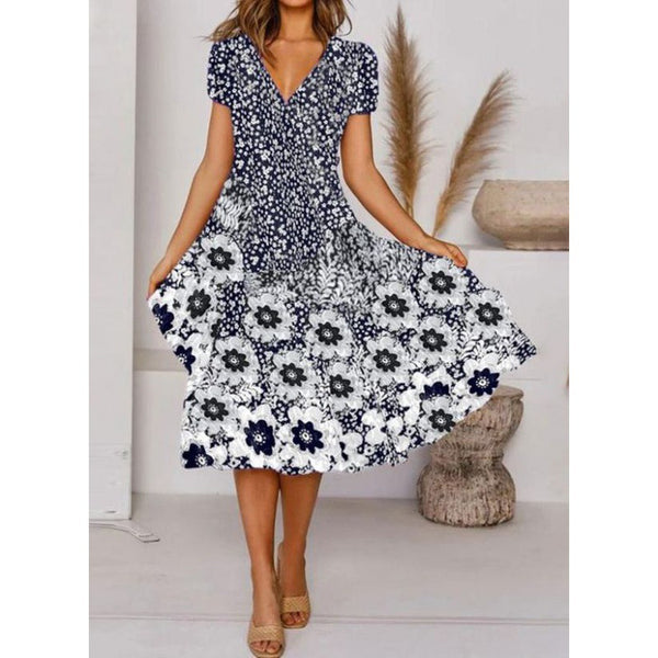 Holiday Flower Floral Tunic Printed V Neck Short Sleeves Big Swing Dress