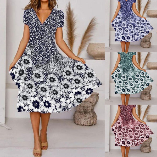 Holiday Flower Floral Tunic Printed V Neck Short Sleeves Big Swing Dress