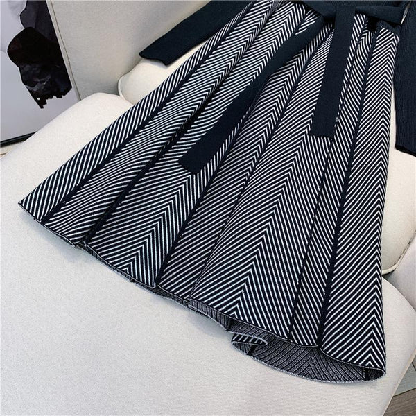 Trendy Women Mid Length Bottoming Front Bow Waist Strap Sweater Knitted striped Dress