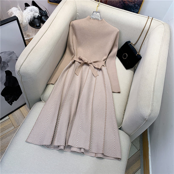 Trendy Women Mid Length Bottoming Front Bow Waist Strap Sweater Knitted striped Dress