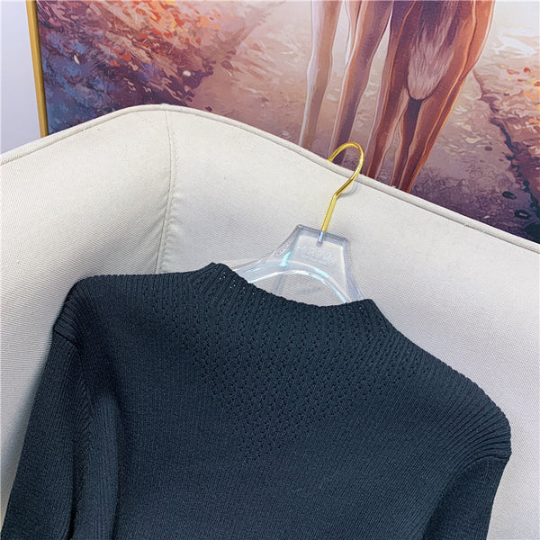 Trendy Women Mid Length Bottoming Front Bow Waist Strap Sweater Knitted striped Dress