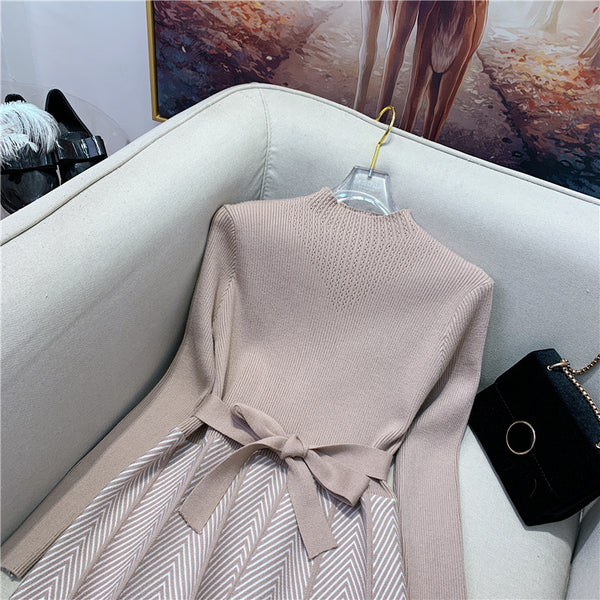Trendy Women Mid Length Bottoming Front Bow Waist Strap Sweater Knitted striped Dress