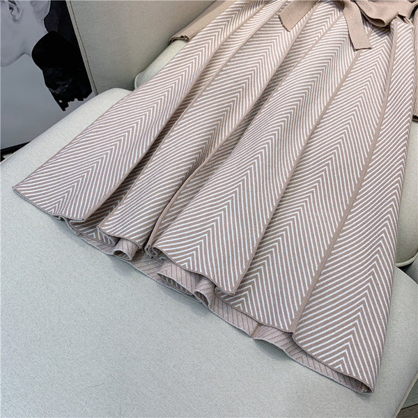 Trendy Women Mid Length Bottoming Front Bow Waist Strap Sweater Knitted striped Dress