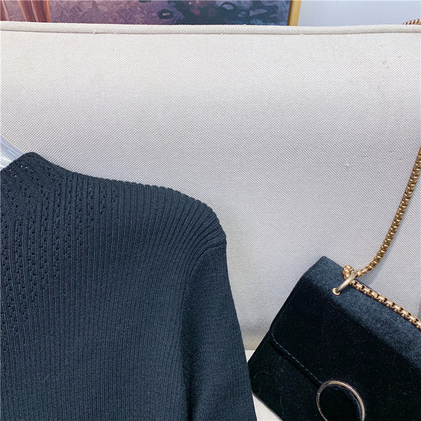 Trendy Women Mid Length Bottoming Front Bow Waist Strap Sweater Knitted striped Dress