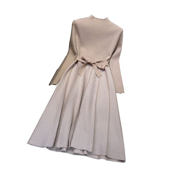 Trendy Women Mid Length Bottoming Front Bow Waist Strap Sweater Knitted striped Dress